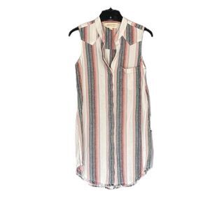 Cloth & Stone Women’s Striped Linen Sunburst High Low Fray Hem Button Down Dress